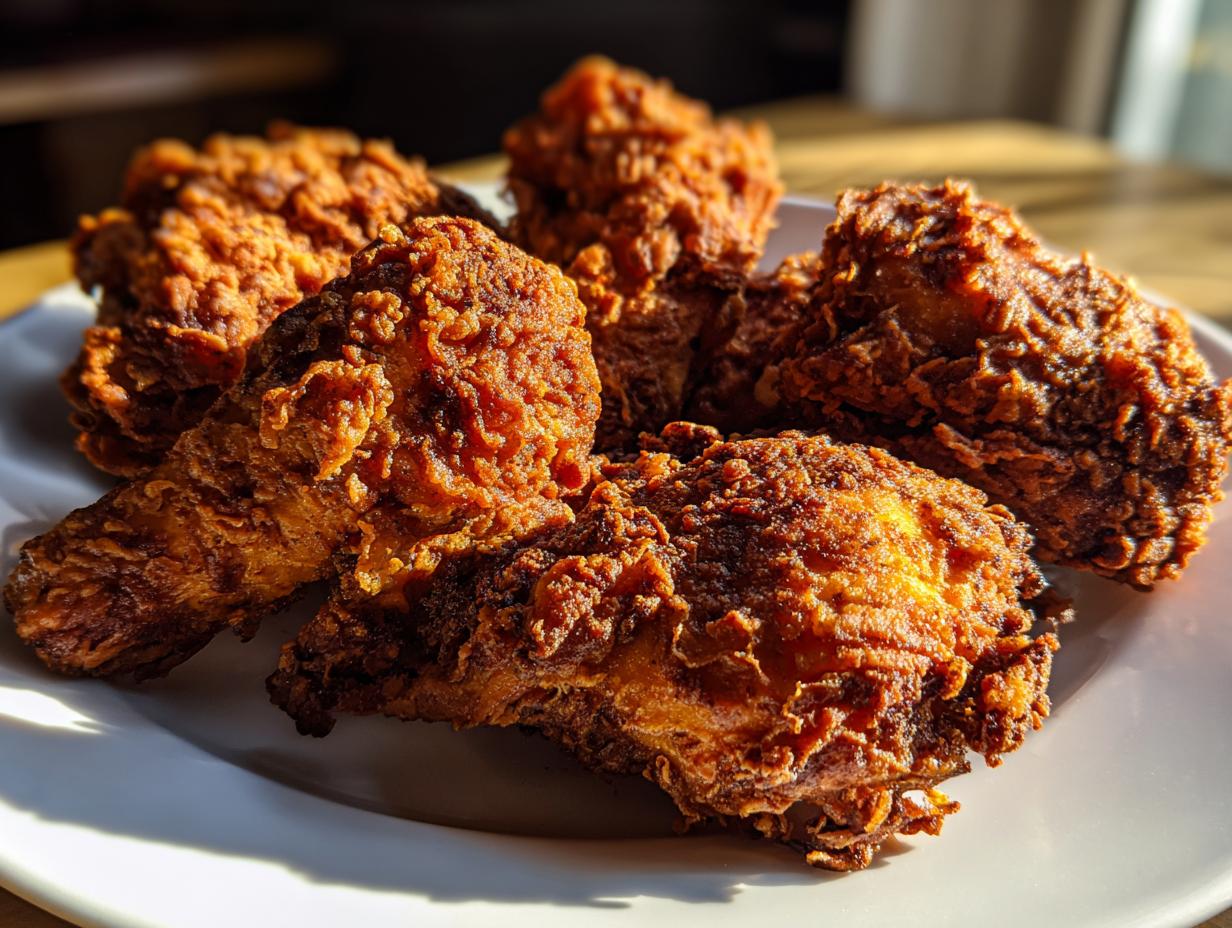 Close-up of several pieces of perfectly cooked, crispy fried chicken with a deep golden-brown crust.