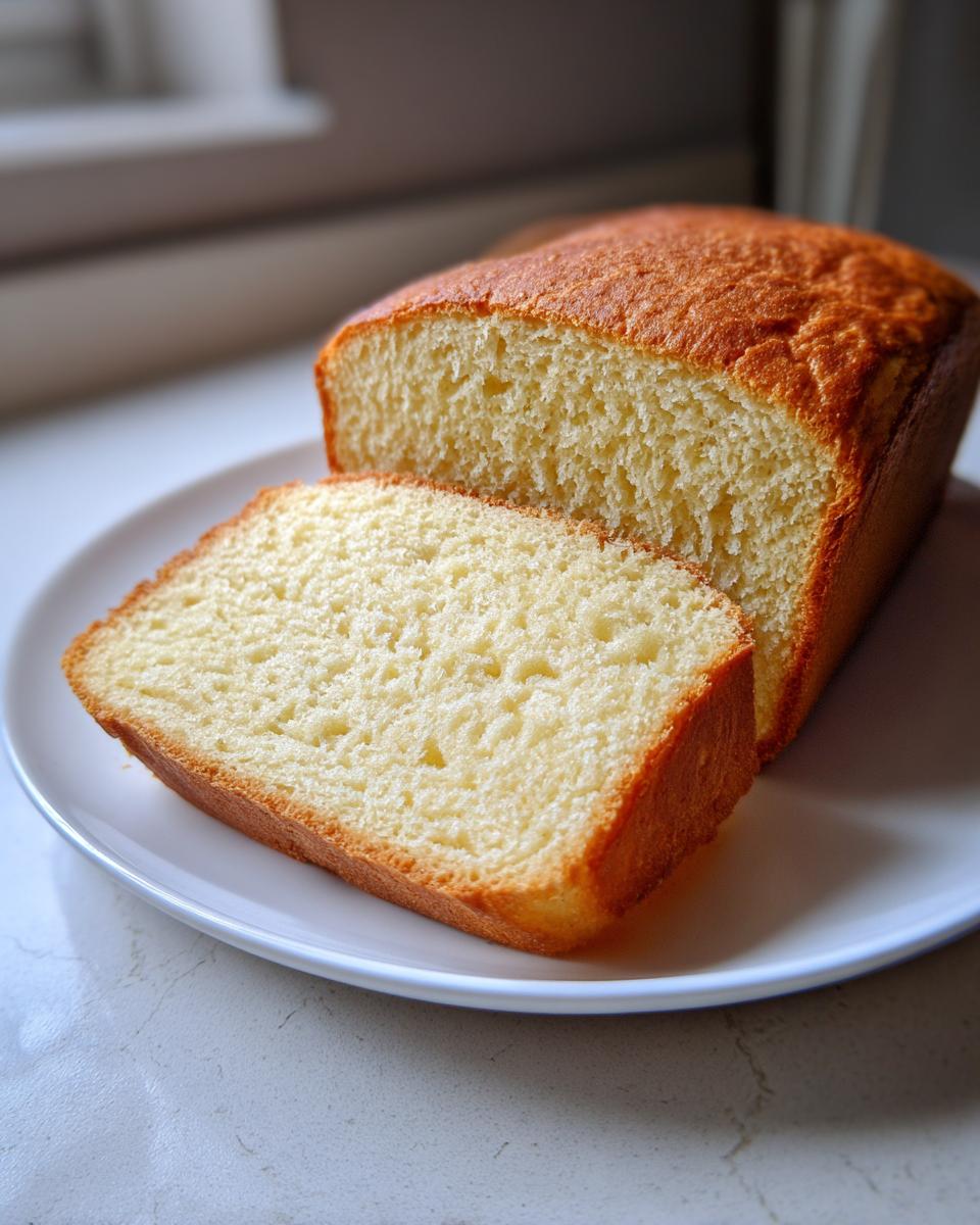 A loaf of golden brown beer bread with one thick slice cut and resting against it on a white plate.