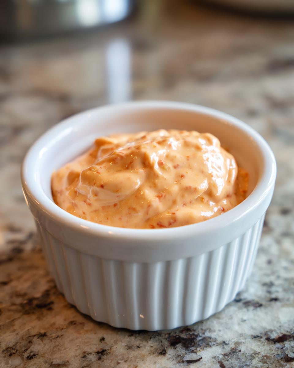 A close-up of creamy, orange-hued burger sauce speckled with red spices, served in a small white ramekin.