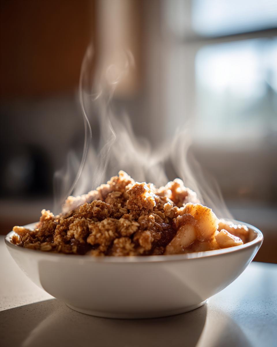 Close-up of a white bowl filled with hot, steaming amazing apple crumble, showing golden topping and cooked apples.