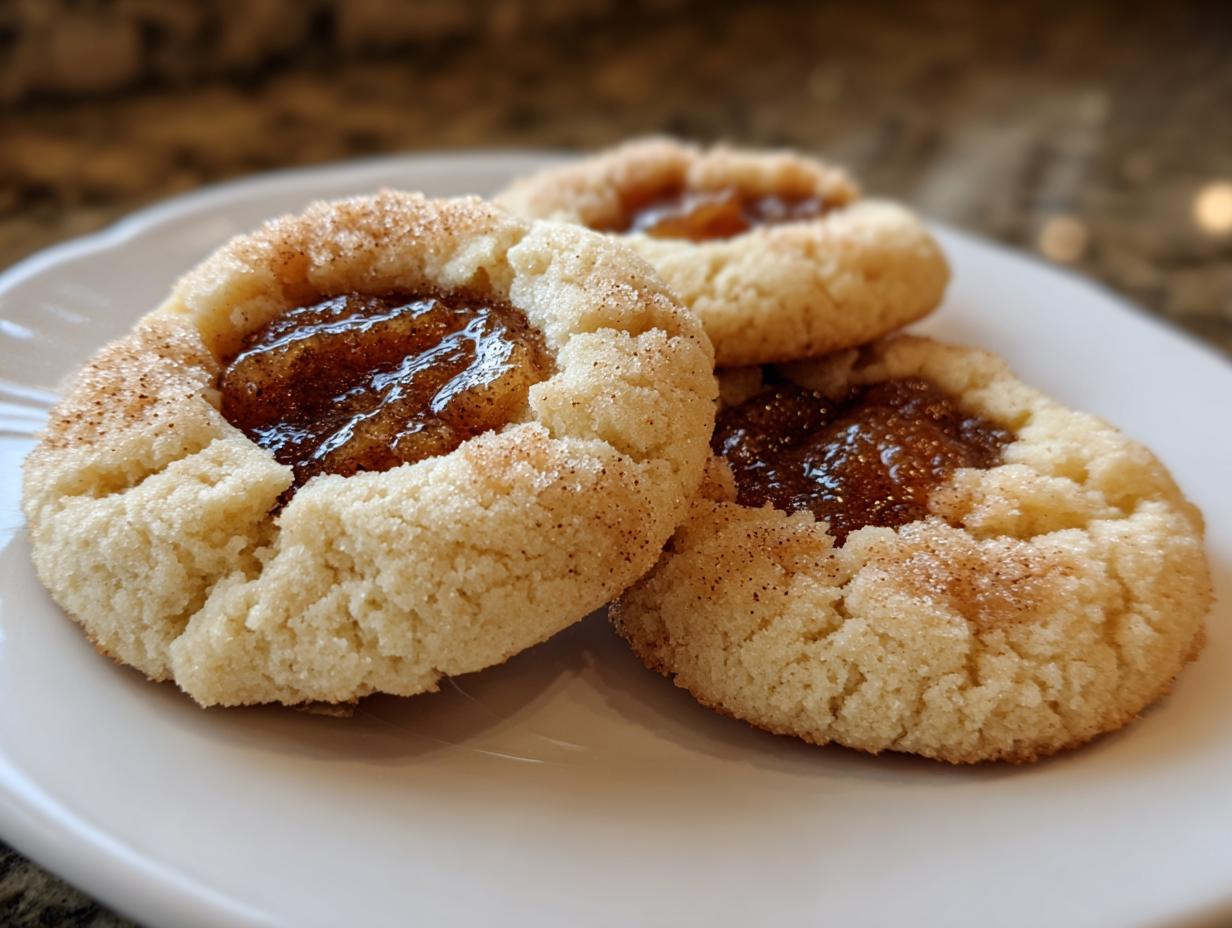 Three delicious apple pie cookies with a cinnamon-sugar coating and gooey apple filling served on a white plate.