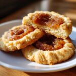 Three delicious apple pie cookies stacked on a white plate, one broken open showing the spiced apple filling.