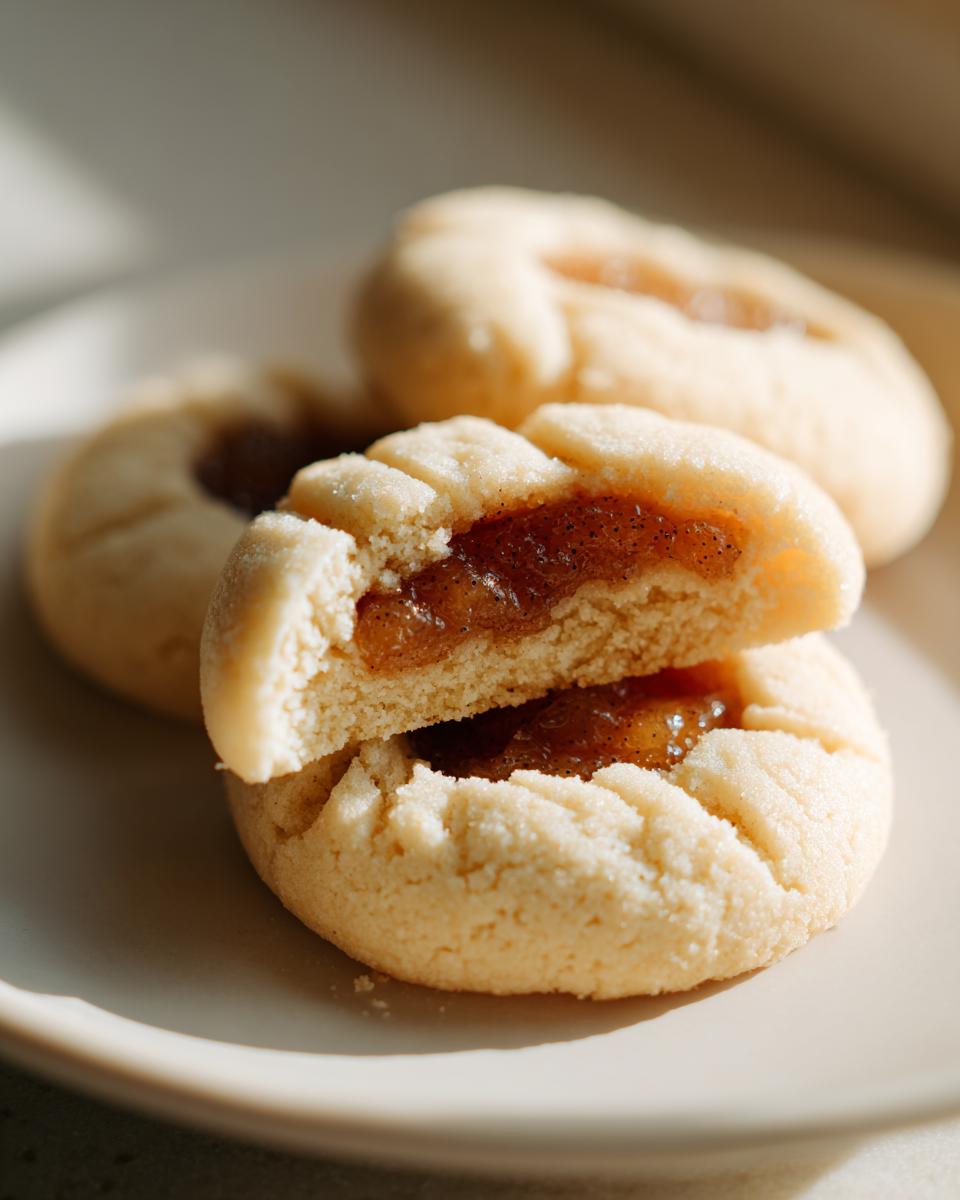 A close-up showing one of the apple pie cookies broken in half, revealing a spiced apple filling inside the soft, sugar-dusted dough.