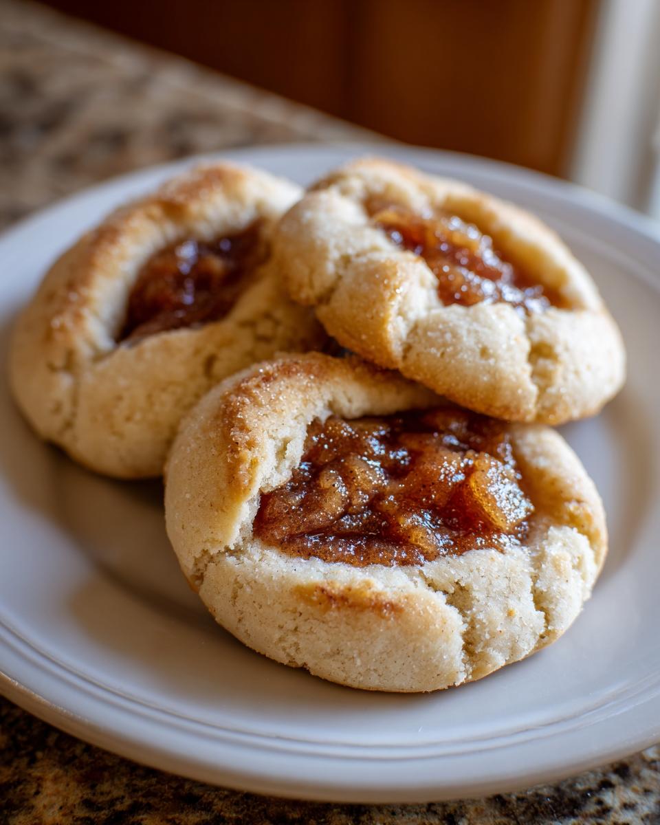Three freshly baked apple pie cookies with cinnamon filling resting on a light gray plate.