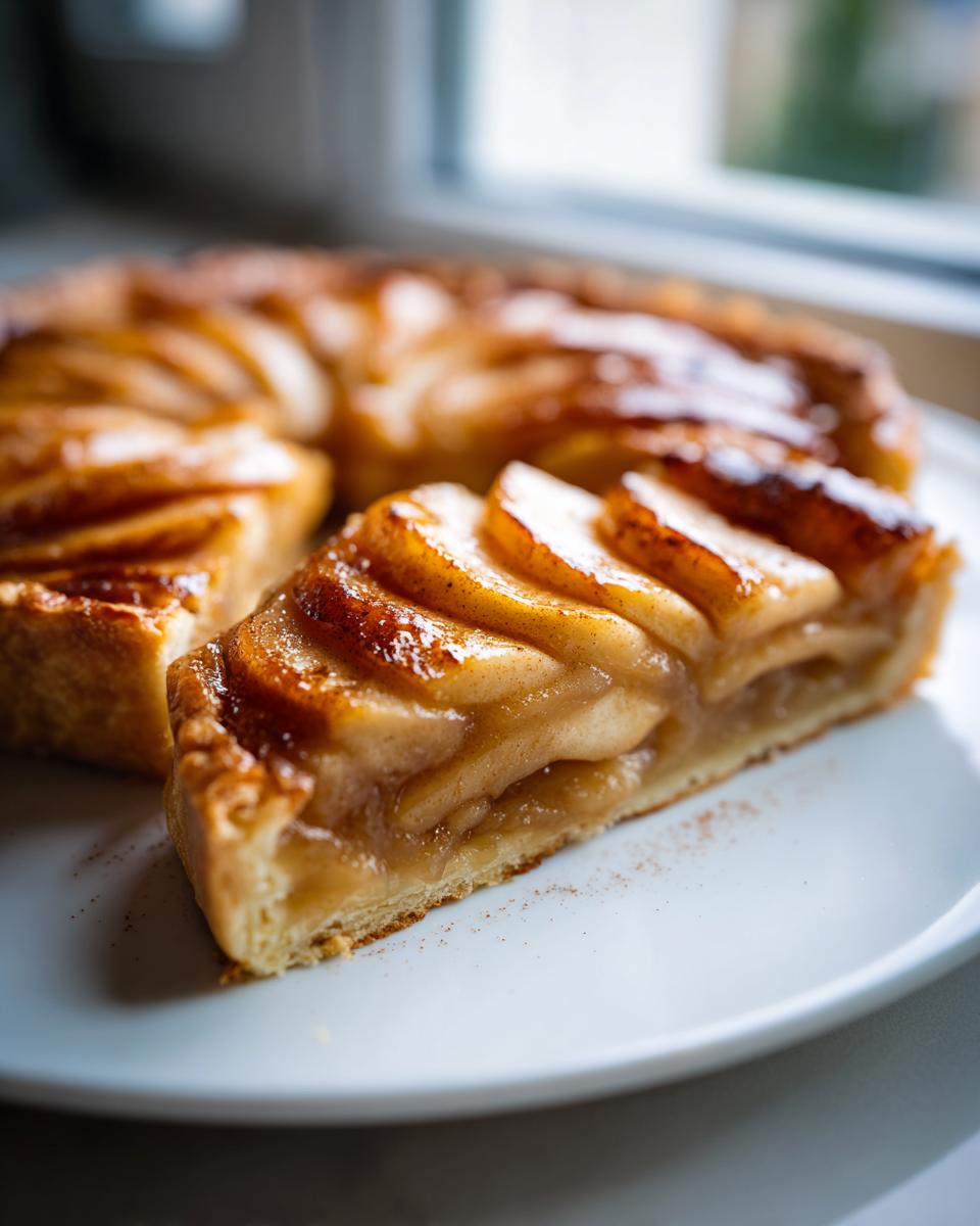 Close-up of a glistening slice of apple tart featuring beautifully arranged, caramelized apple slices on a buttery crust.