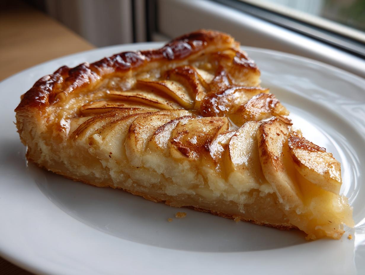 Close-up of a golden-brown slice of apple tart on a white plate, featuring layered apples and a shiny glaze.