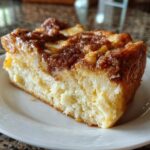 Close-up of a moist slice of amazing baked french toast with a rich, caramelized cinnamon sugar topping.