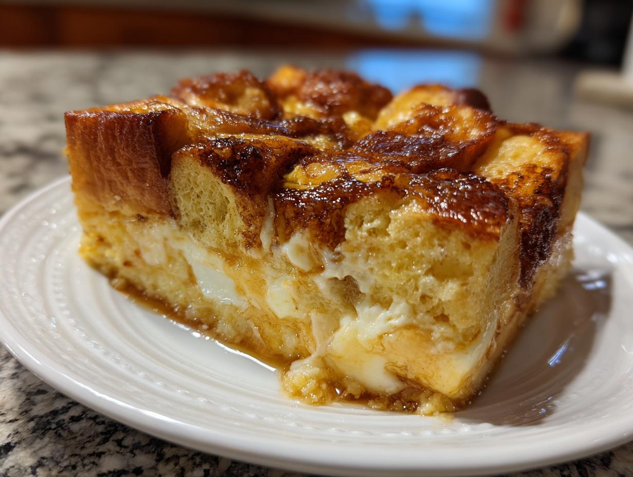 A close-up, mouth-watering slice of baked french toast casserole with a creamy center, sitting on a white plate.