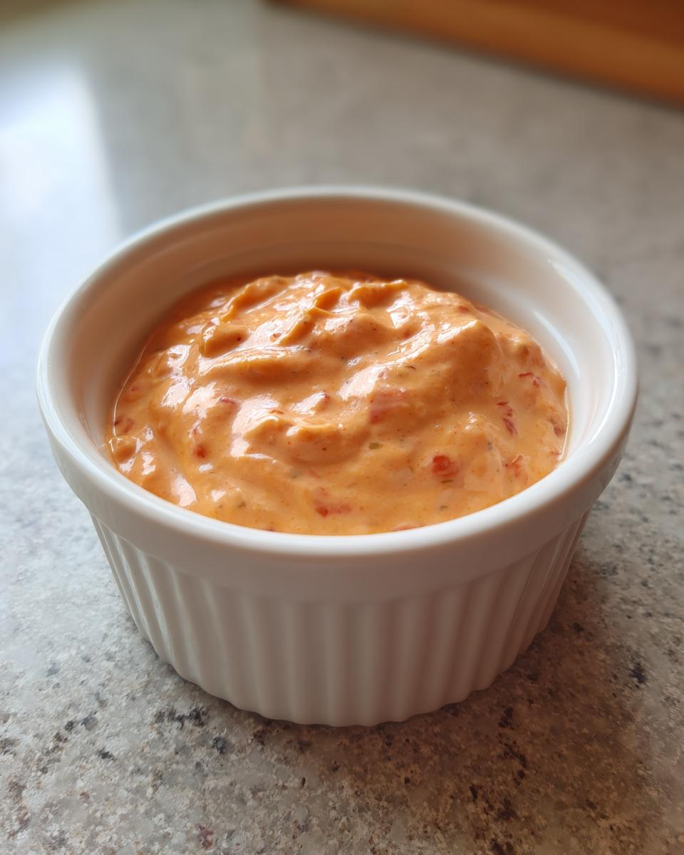 Close-up of creamy, orange-colored burger sauce with visible red flecks in a small white ramekin.