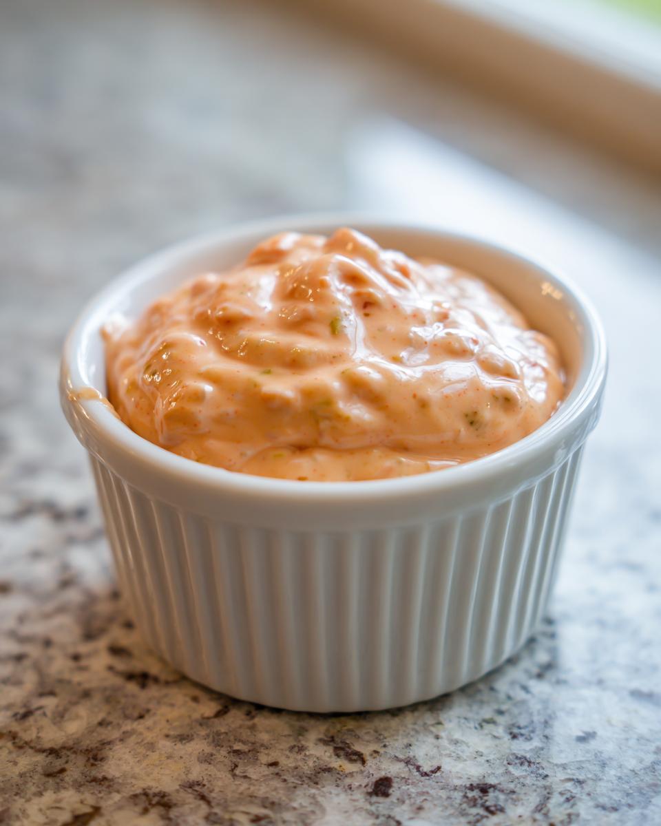 A small white ramekin filled with creamy, orange-pink homemade burger sauce, sitting on a granite countertop.