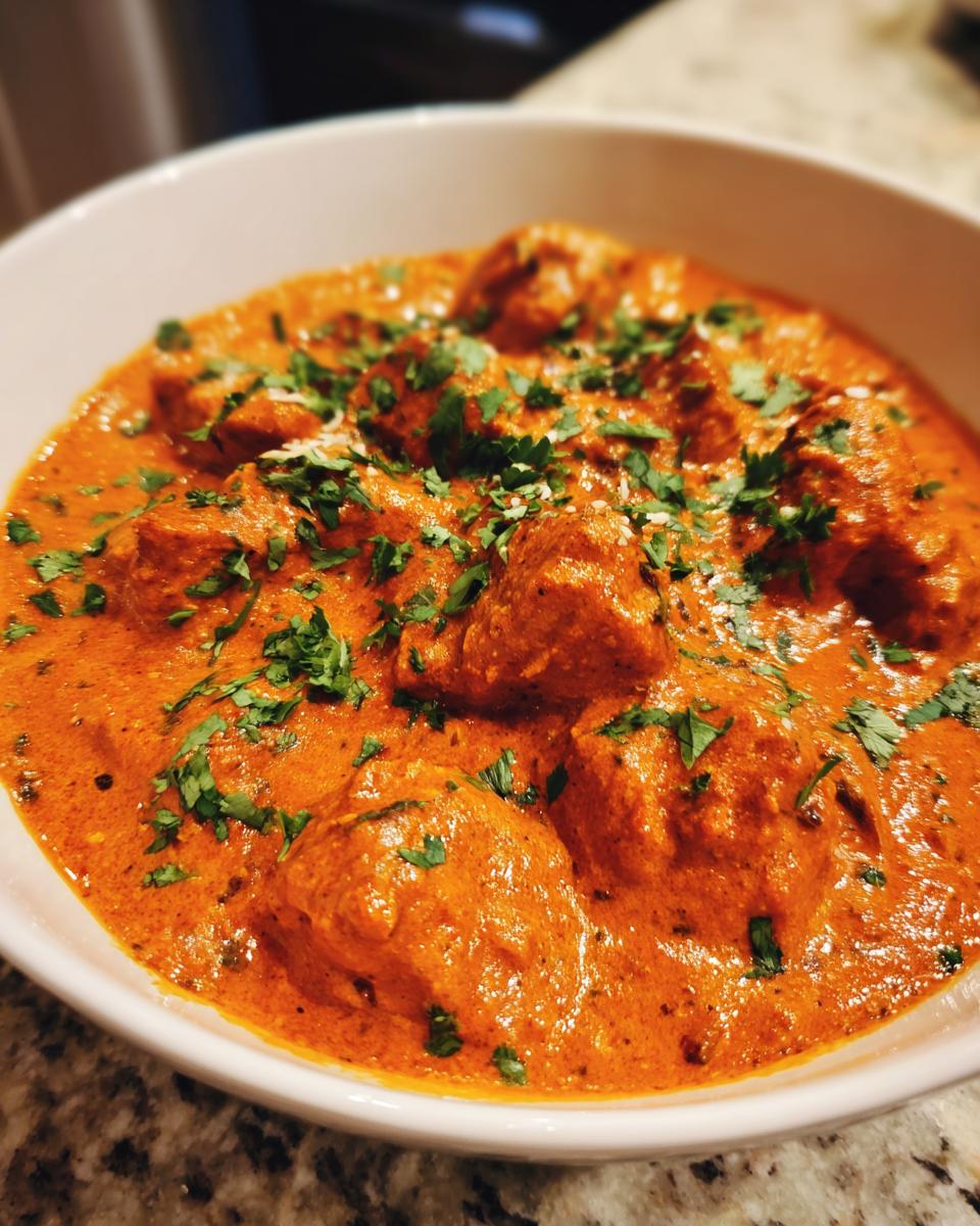 Close-up of rich, orange-red butter chicken pieces swimming in creamy sauce, garnished with fresh cilantro.