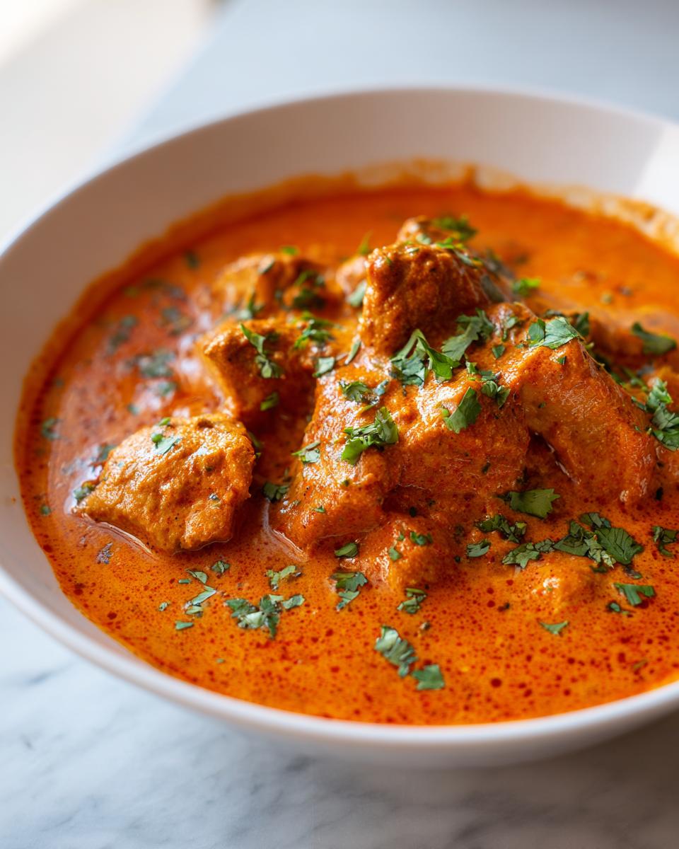 Close-up of tender chicken pieces submerged in vibrant orange sauce, garnished with fresh cilantro, classic butter chicken.