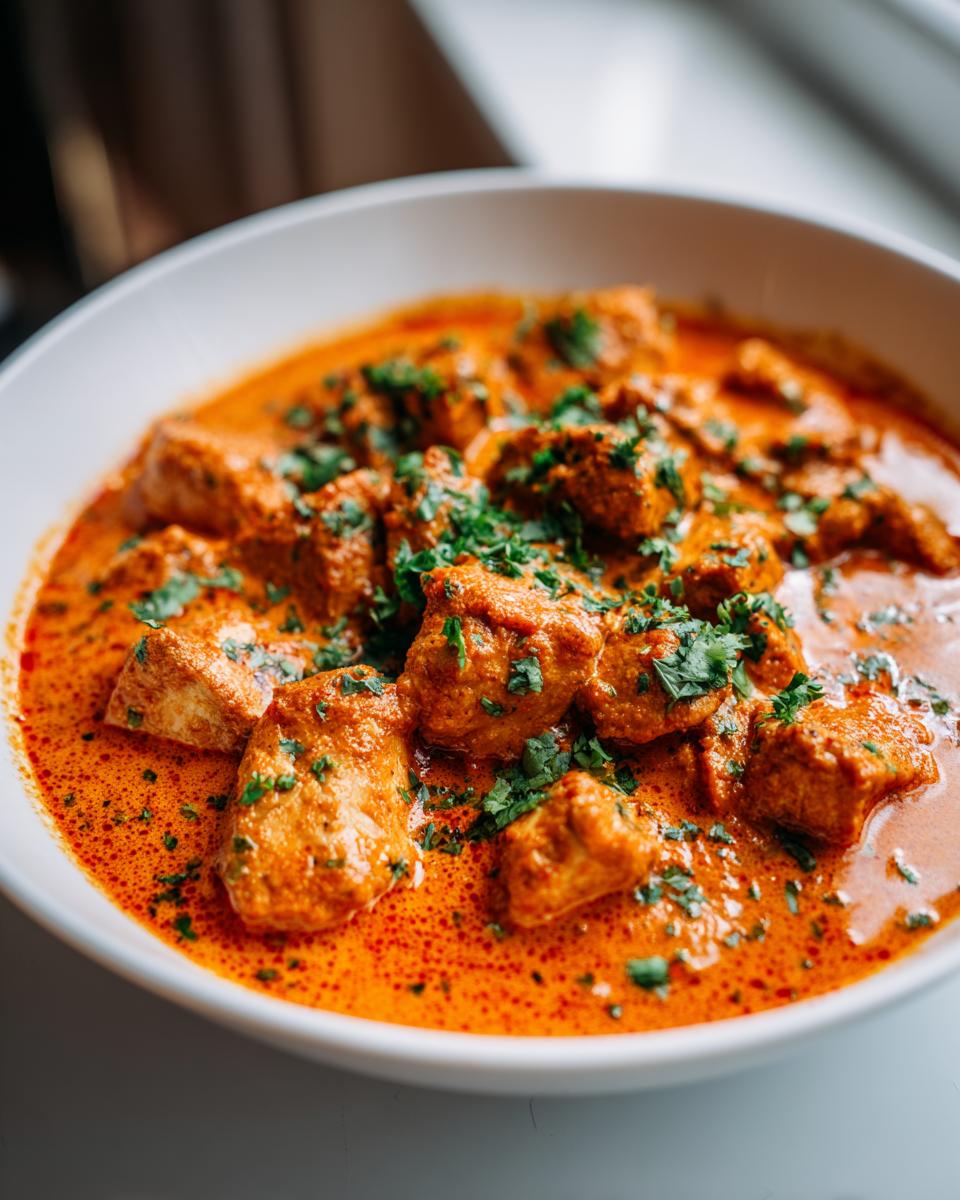 A close-up shot of tender chicken pieces swimming in a vibrant orange, creamy sauce, garnished with fresh cilantro, representing amazing butter chicken.