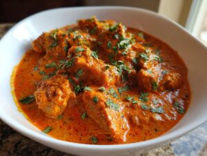 Close-up of tender chicken pieces swimming in a rich, orange-red sauce, garnished with fresh cilantro, representing delicious butter chicken.