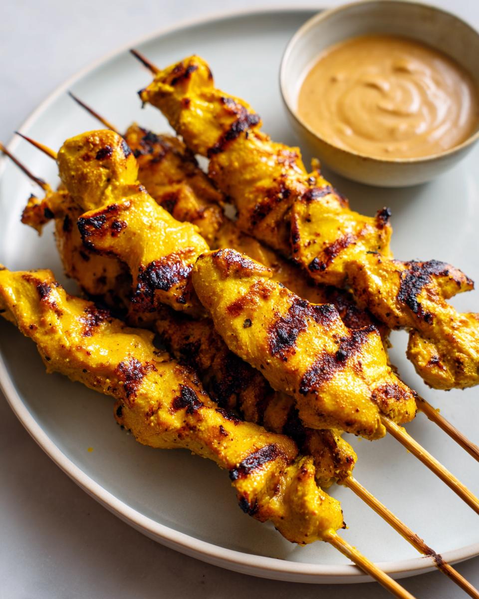 Close-up of grilled, golden yellow chicken satay skewers served on a plate next to a small bowl of peanut dipping sauce.