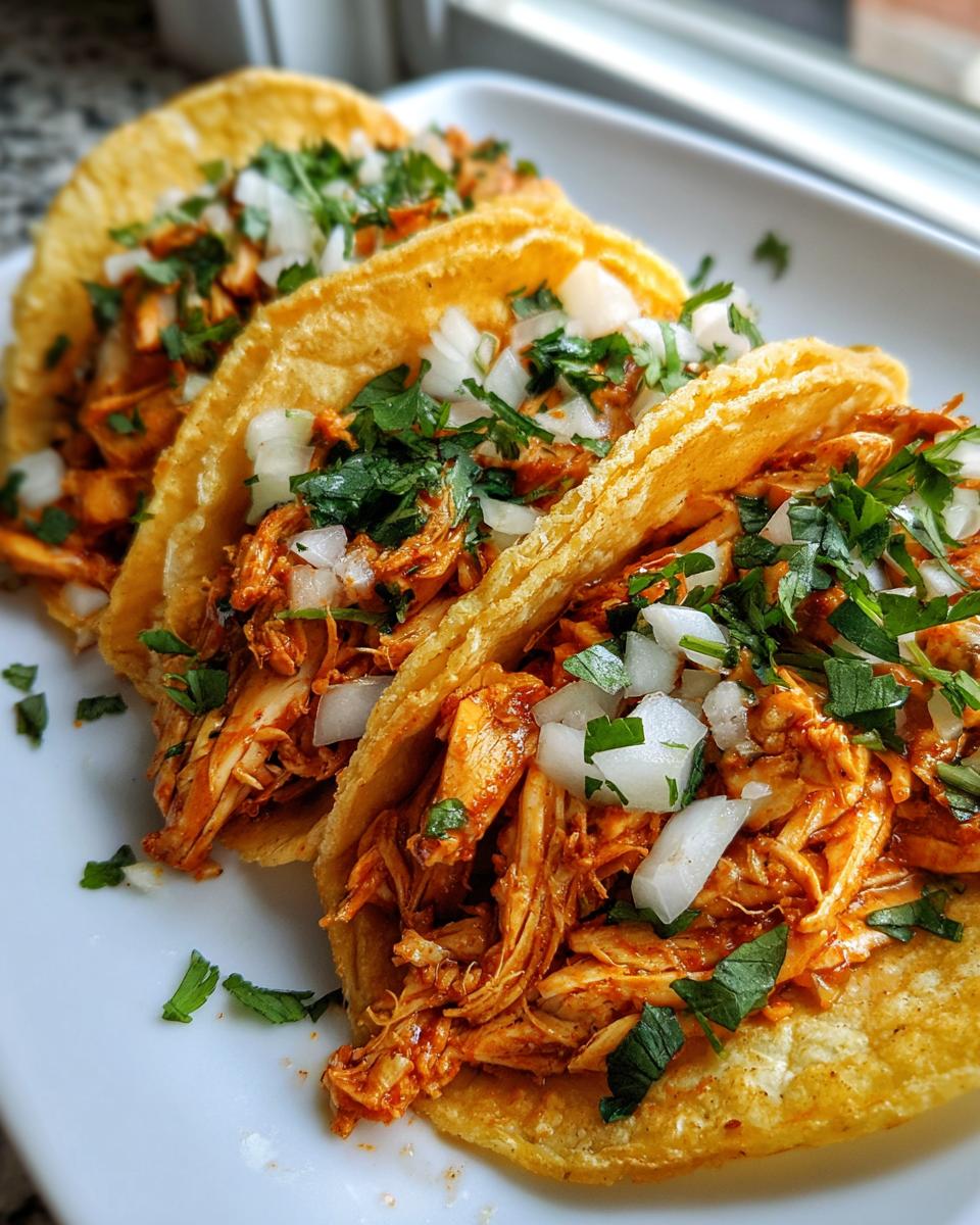 Close-up of three crispy corn tortilla chicken tacos filled with shredded seasoned chicken, topped with diced white onion and fresh cilantro.