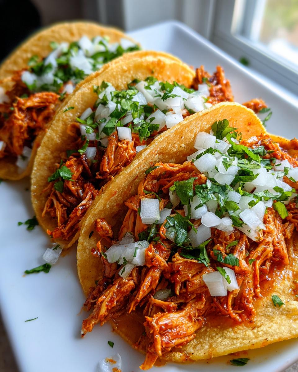 Close-up of three street-style chicken tacos filled with shredded orange chicken, topped with diced white onions and fresh cilantro.