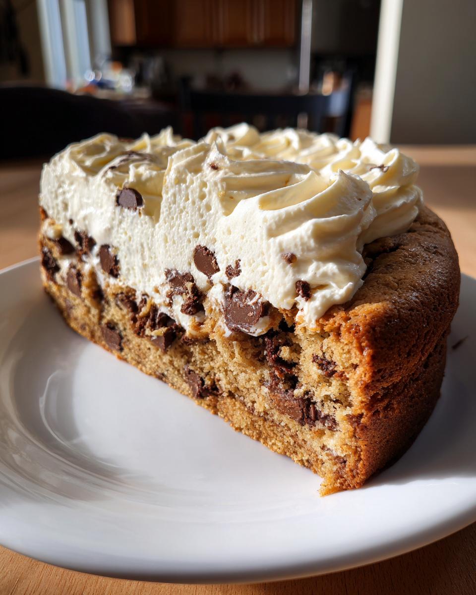 A thick slice of an amazing cookie cake recipe loaded with chocolate chips and topped with piped whipped cream.