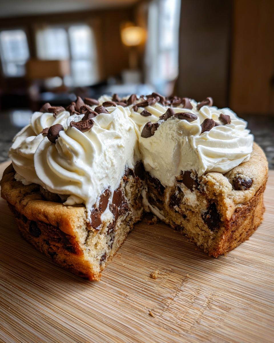 A cross-section view of an amazing cookie cake recipe topped with swirls of whipped cream and chocolate chips.