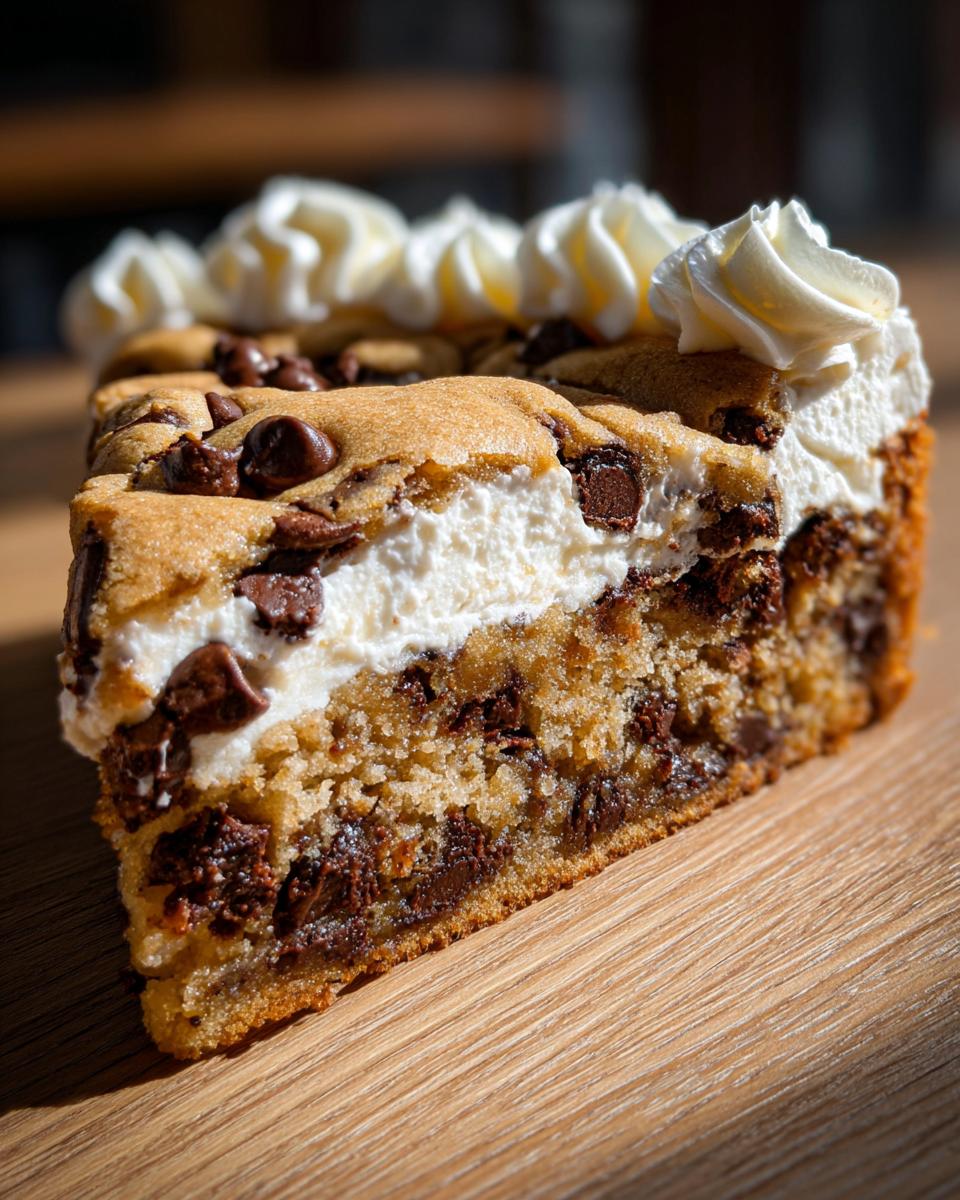 Close-up of a decadent slice of cookie cake recipe featuring layers of chocolate chips, creamy filling, and whipped topping.