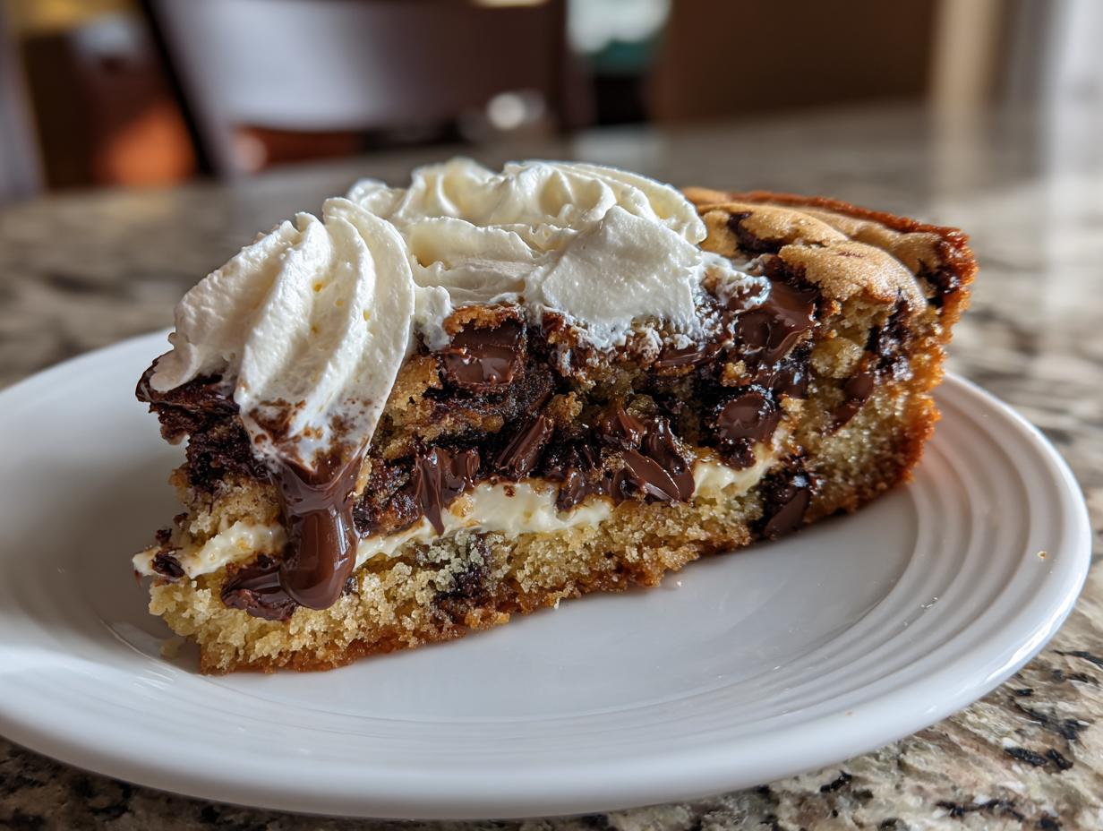 A decadent slice of cookie cake recipe topped with melted chocolate chips and whipped cream.