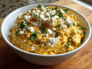 A white bowl filled with creamy, bright yellow corn dip, topped generously with crumbled white cheese and fresh cilantro.