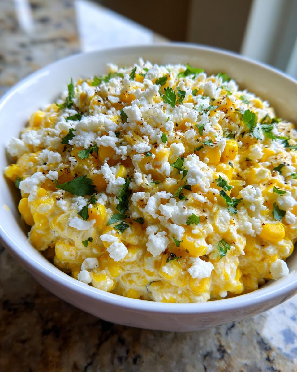 Close-up of a creamy corn dip generously topped with white crumbled cheese and fresh parsley.