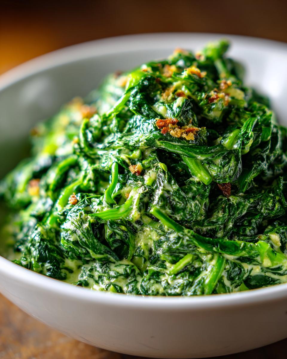 Close-up of vibrant green, rich creamed spinach recipe served in a white bowl, topped with crispy bits.