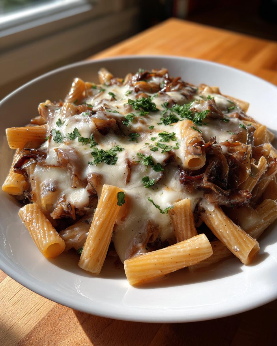 Close-up of a bowl of amazing french onion pasta topped with melted white cheese and fresh parsley.