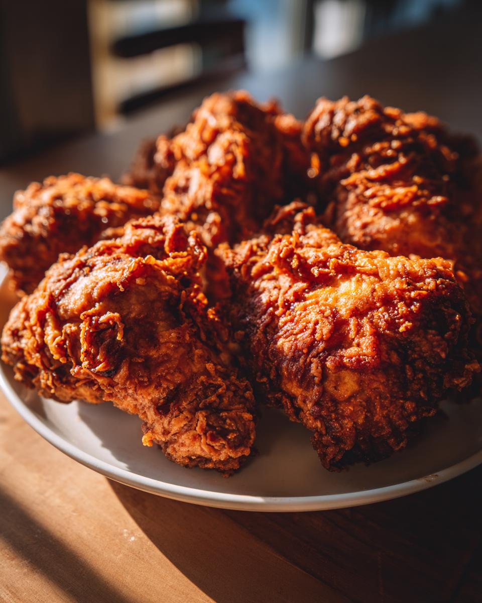 A plate piled high with crispy, golden brown pieces of amazing fried chicken, highlighted by dramatic sunlight.