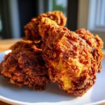 Close-up of several pieces of golden-brown, crispy fried chicken stacked on a white plate.