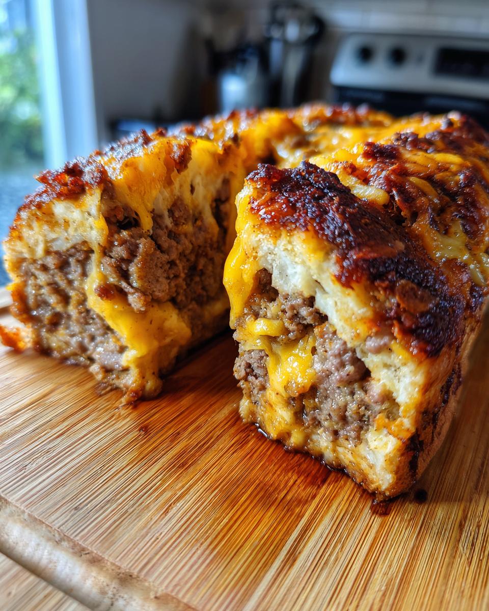 A close-up of a freshly baked garbage bread loaf cut open, revealing a savory ground meat and melted cheddar cheese filling.