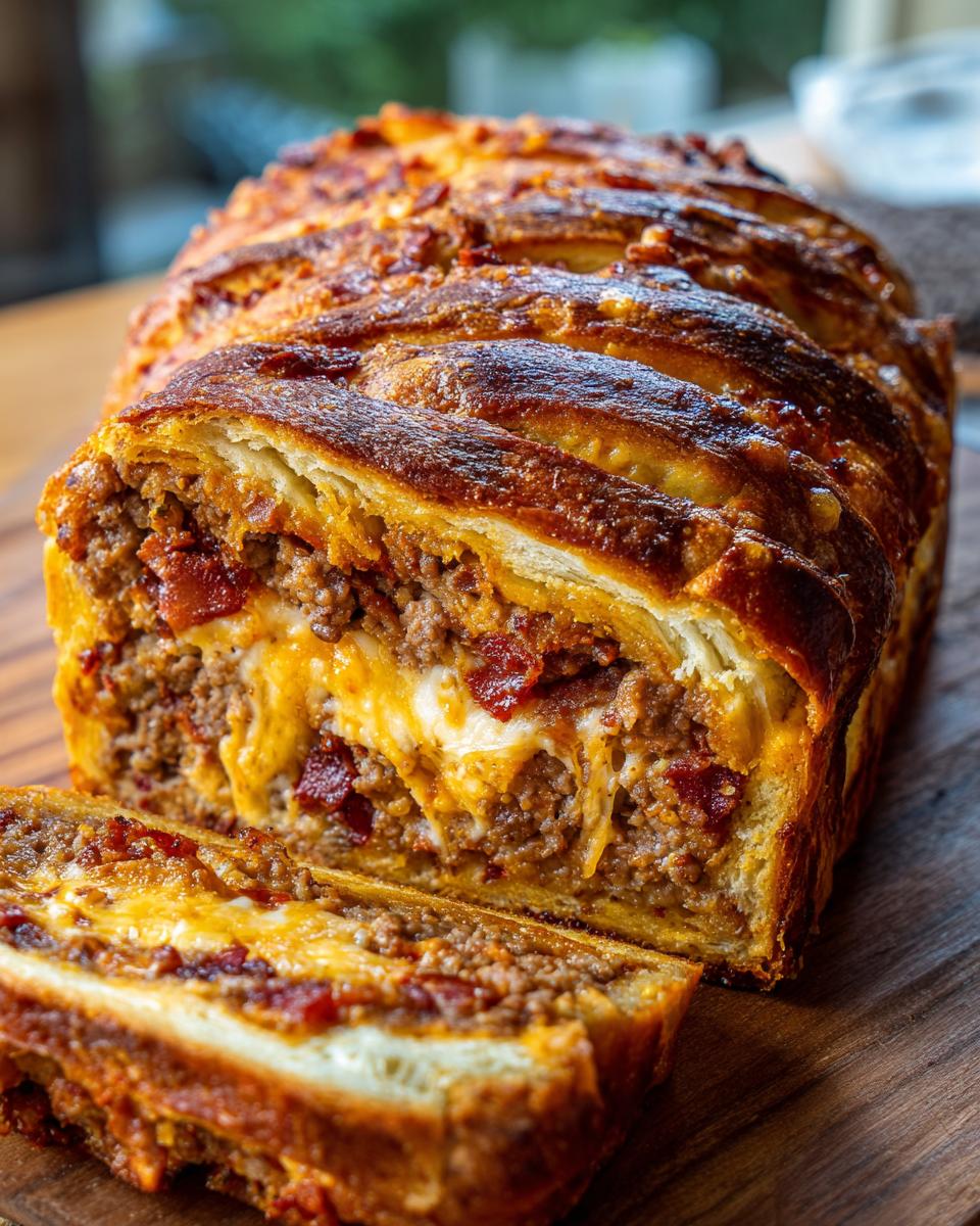 A cross-section view of a golden-brown garbage bread loaf, revealing a rich filling of ground meat, bacon, and melted cheese.