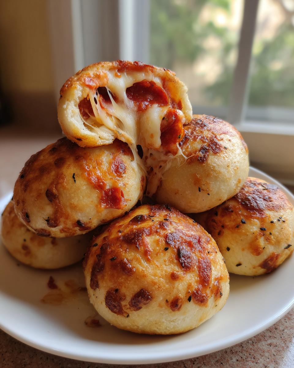 A stack of golden-brown pizza bites, with the top one broken open showing a dramatic cheese pull and pepperoni filling.