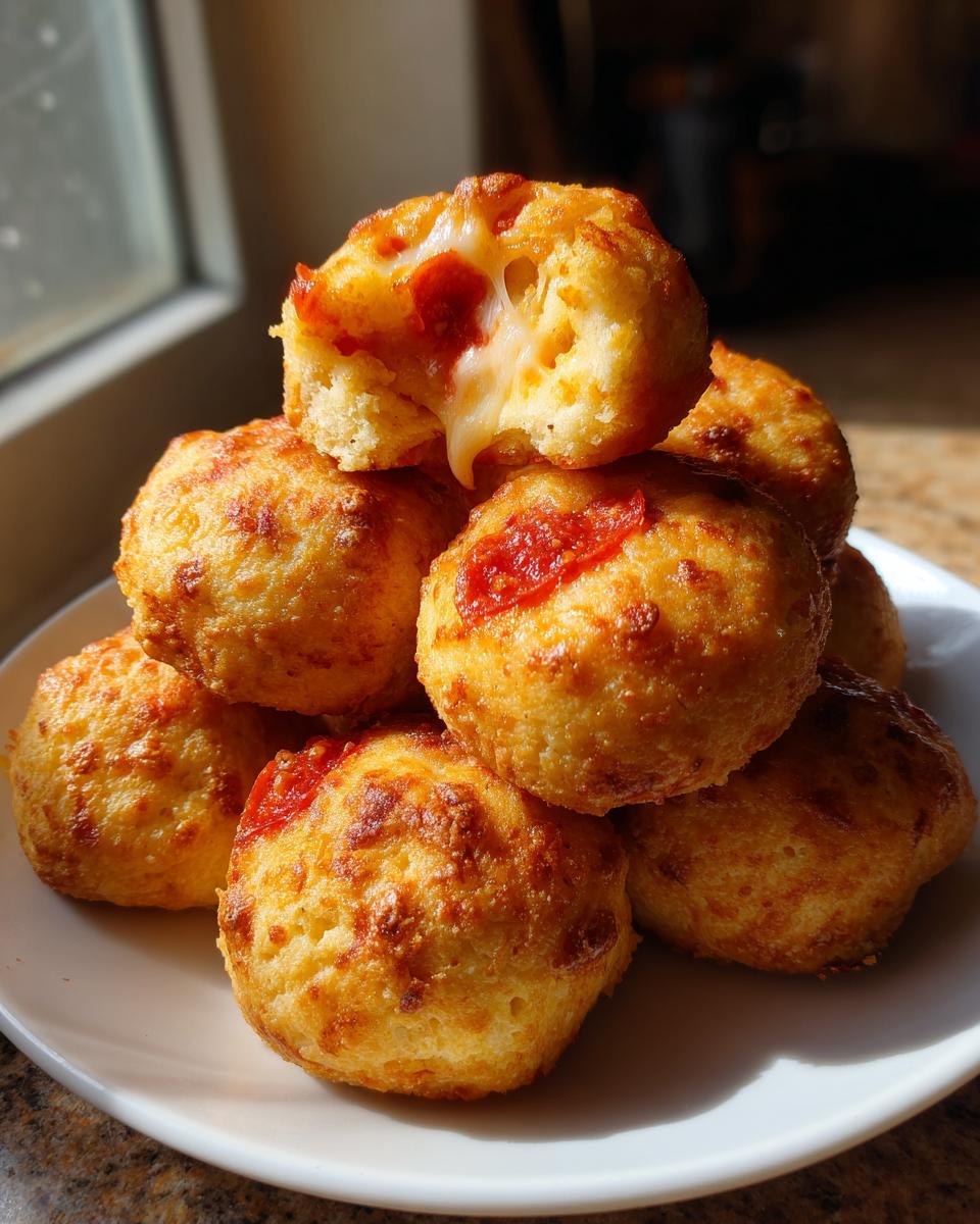 A stack of golden brown pizza bites with melted cheese pulling apart from one bite.
