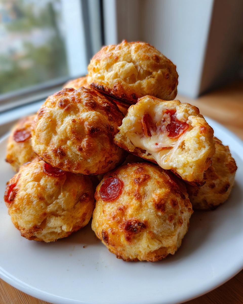 A stack of golden brown, cheesy pizza bites, one broken open to show melted cheese and pepperoni.