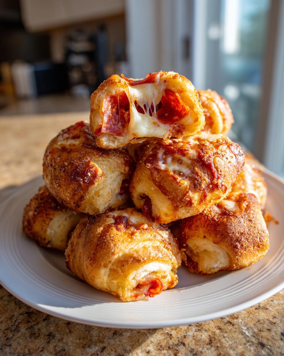 A stack of golden brown pizza bites with melted, stringy cheese and pepperoni spilling out of one piece.