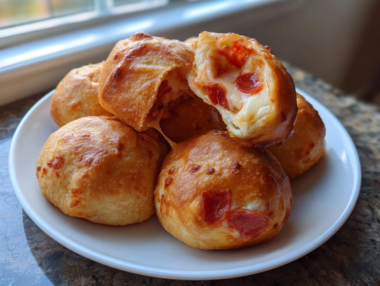 A stack of golden brown homemade pizza bites on a white plate, one is broken open showing melted cheese and pepperoni inside.