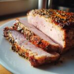 Close-up of a juicy pork loin roast, sliced to show the pink interior and savory herb crust.