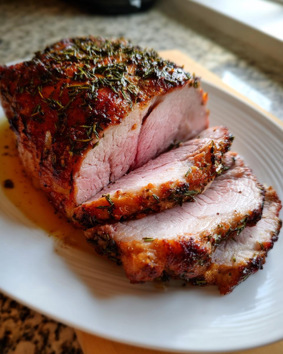Close-up of a juicy, herb-crusted pork loin roast sliced on a white plate, showing pink interior.