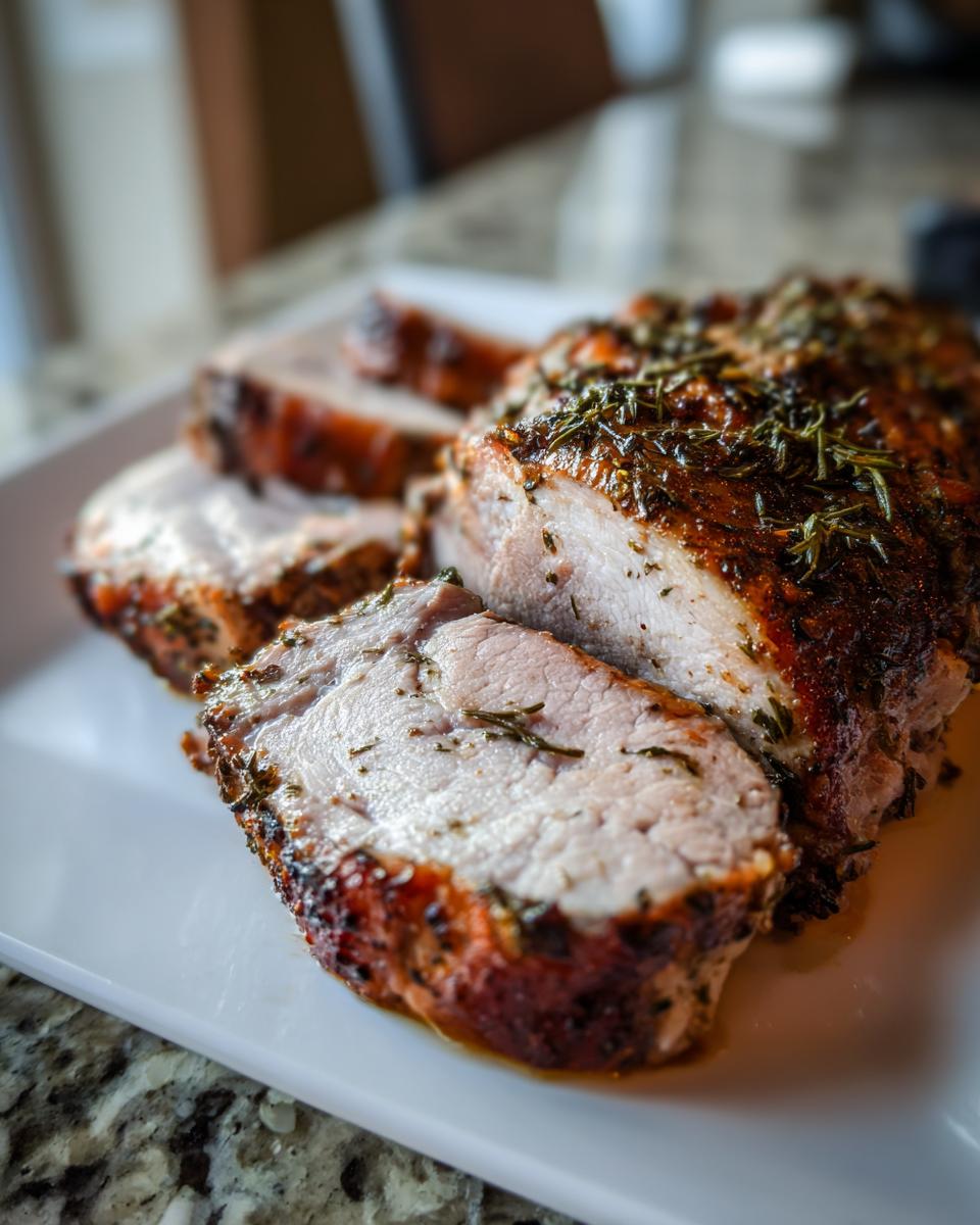 Close-up of a perfectly cooked and sliced pork loin roast, seasoned with herbs.