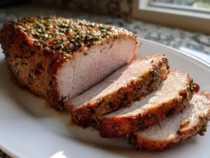 A perfectly cooked pork loin roast, sliced to show the juicy interior and herb crust.