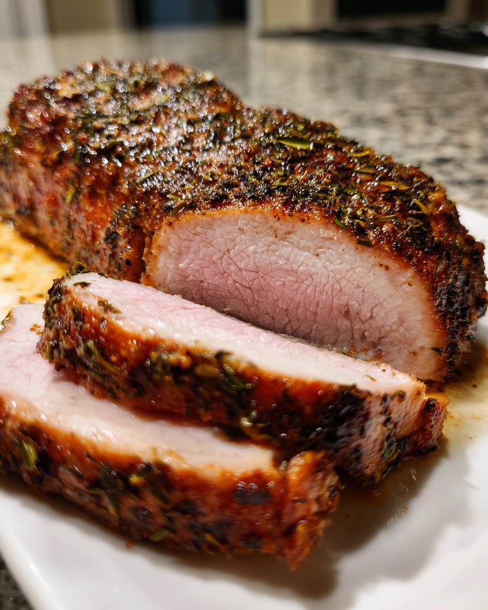 Close-up of a juicy pork loin roast, sliced to show the pink, tender interior and herb-crusted exterior.