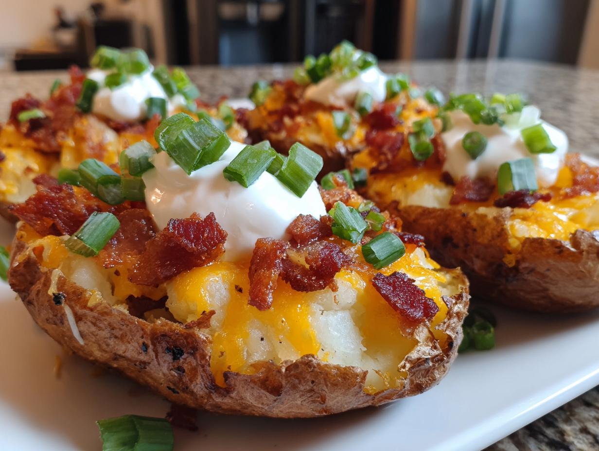 Close-up of several loaded potato skins topped with melted cheese, bacon bits, sour cream, and green onions.