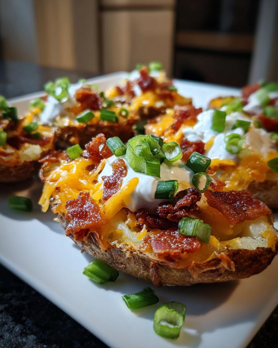 Close-up of fully loaded potato skins topped with melted cheddar cheese, bacon bits, sour cream, and green onions.