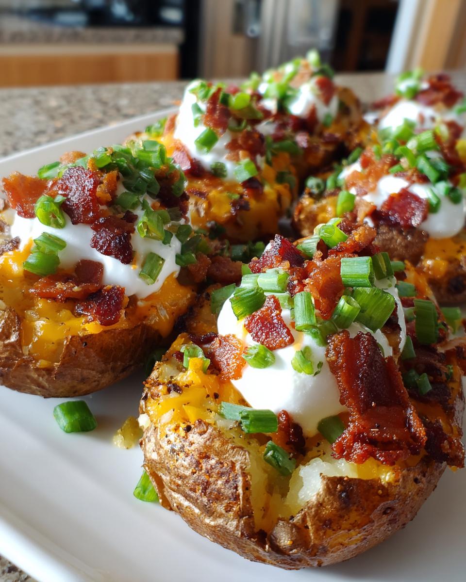 Close-up of several loaded potato skins topped with melted cheddar cheese, sour cream, bacon bits, and green onions.