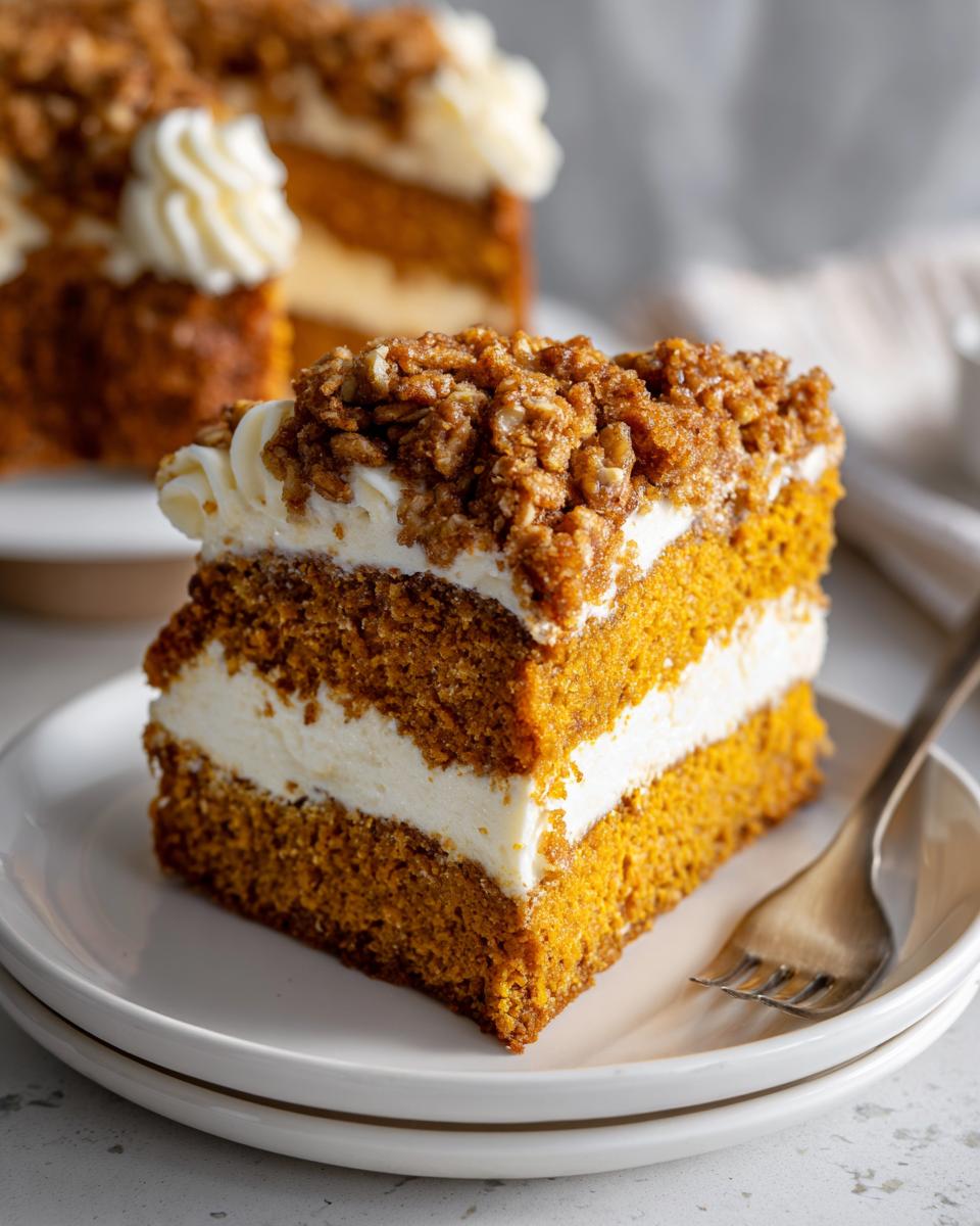 A decadent slice of pumpkin crunch layered cake with cream cheese frosting and a crunchy topping.