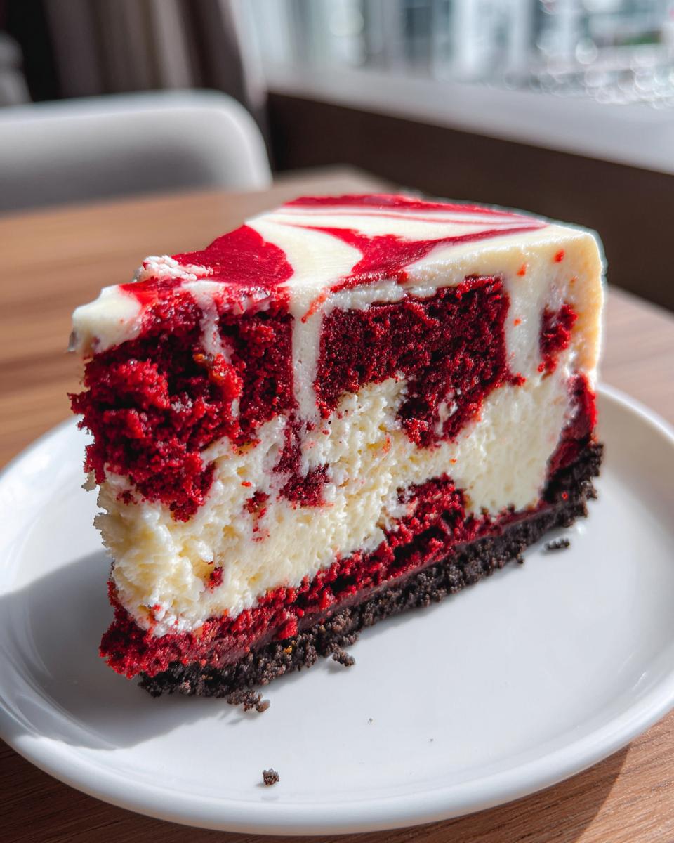 A close-up of a decadent slice of red velvet cheesecake with a dark crust, sitting on a white plate.