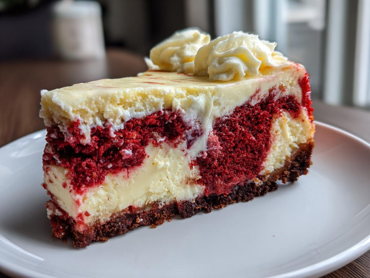 A close-up of a decadent slice of red velvet cheesecake featuring swirls of red cake and cream cheese filling on a white plate.