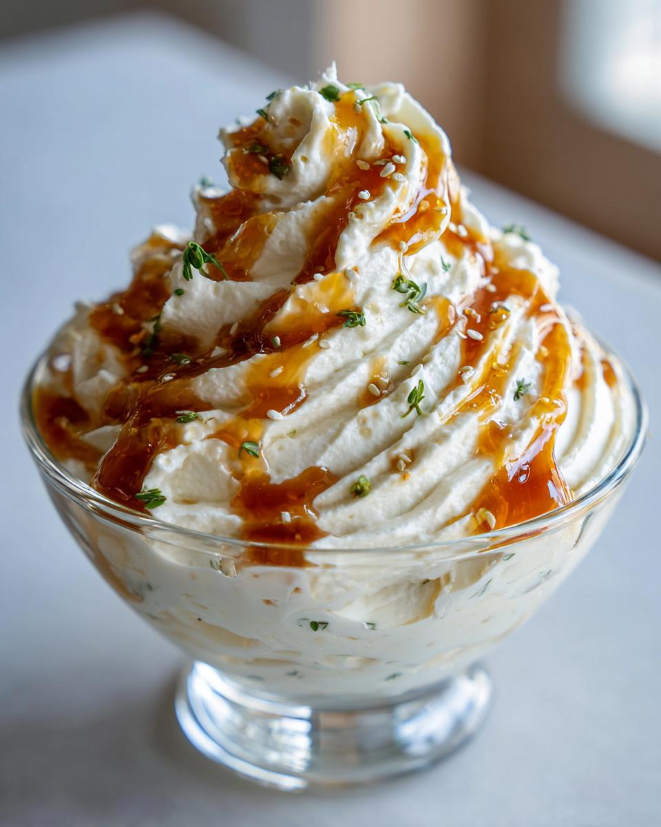 Close-up of a creamy ricotta dip piped high in a glass dish, drizzled with amber sauce and sprinkled with herbs and sesame seeds.